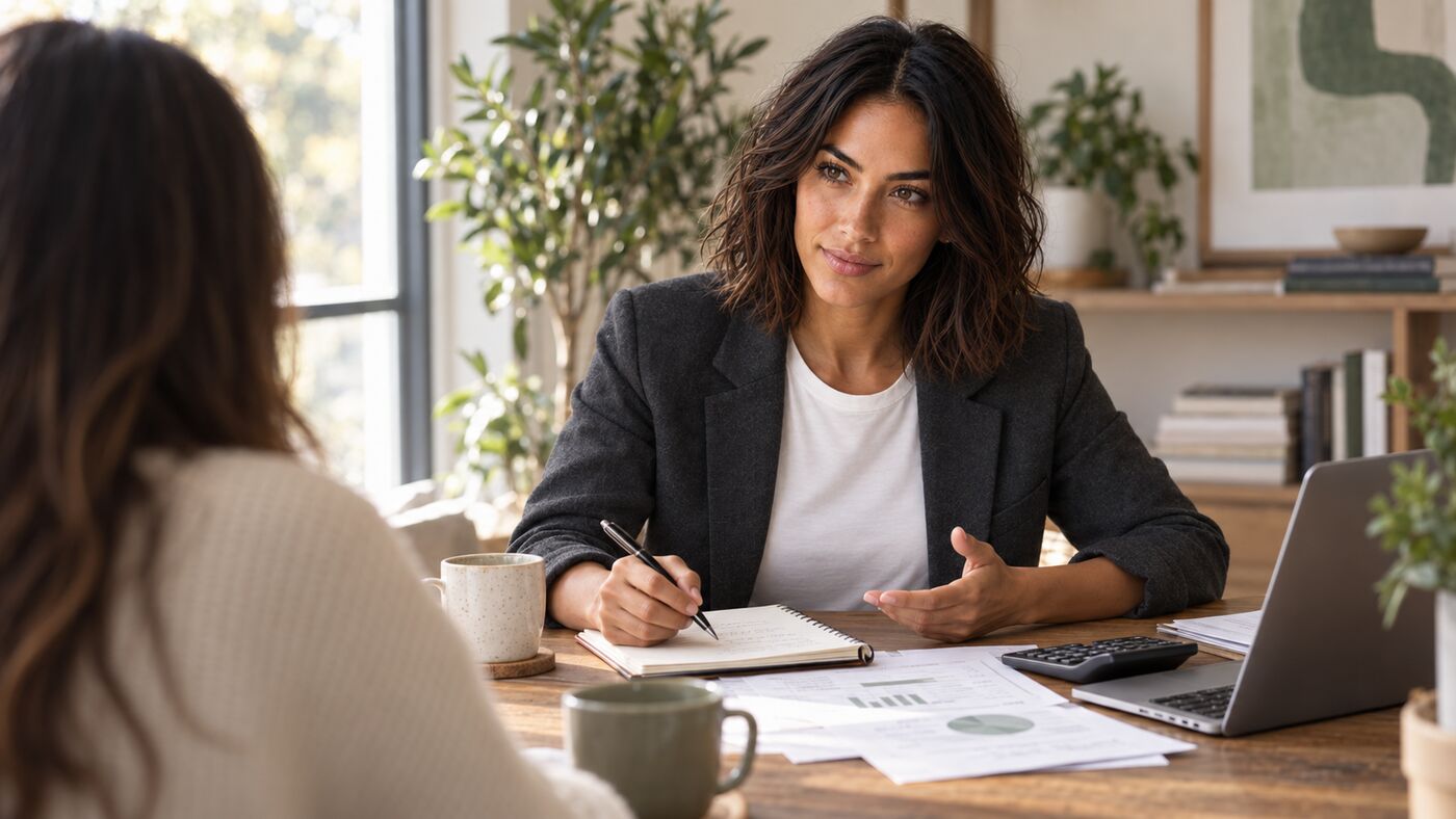 Nadia at a table with a client, going over the numbers together